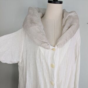 French Linen Top Size L Cream Brown Lagenlook Boho Gauze Neutral Artsy Avant
